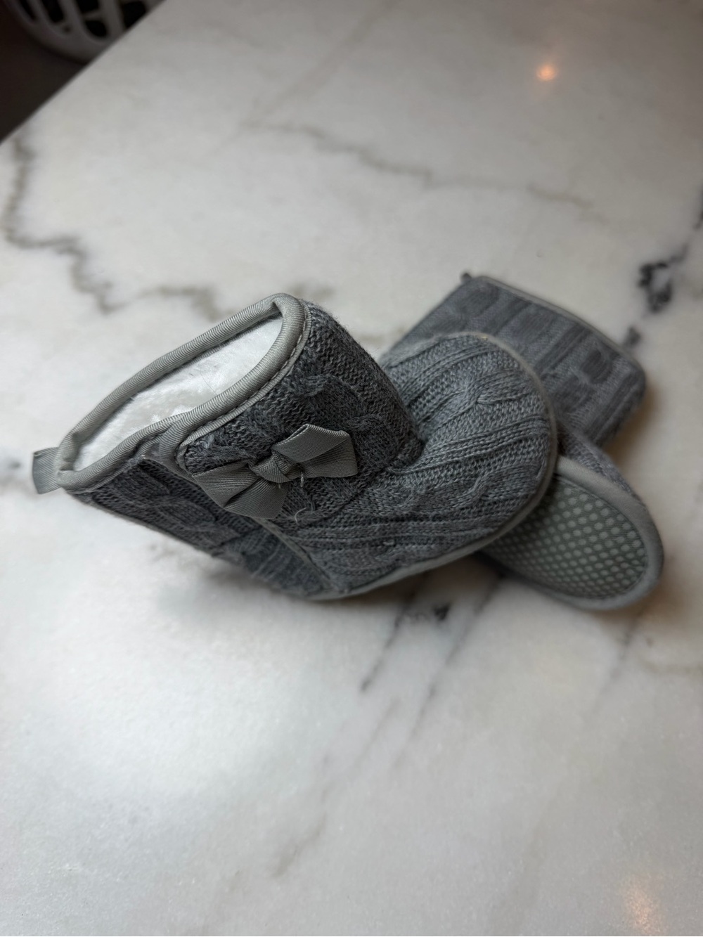 Knit Cable Gray Baby Booties with Bow